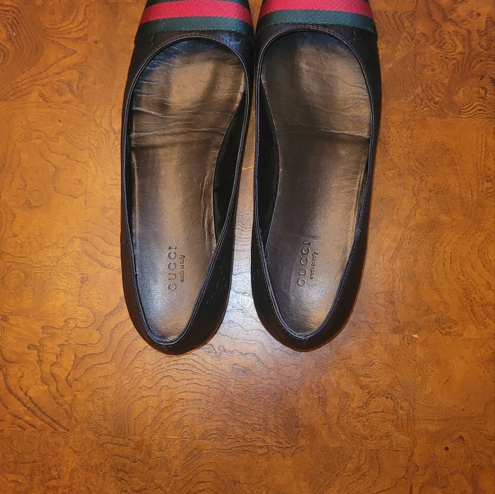 Gucci GG Logo Web Green Red Genuine leather Black Flat Loafers Shoes